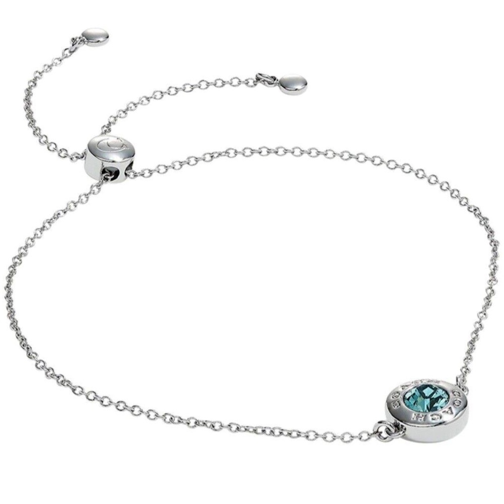 COACH open circle stone stud slider bracelet, blue, silver, adjustable, NEW